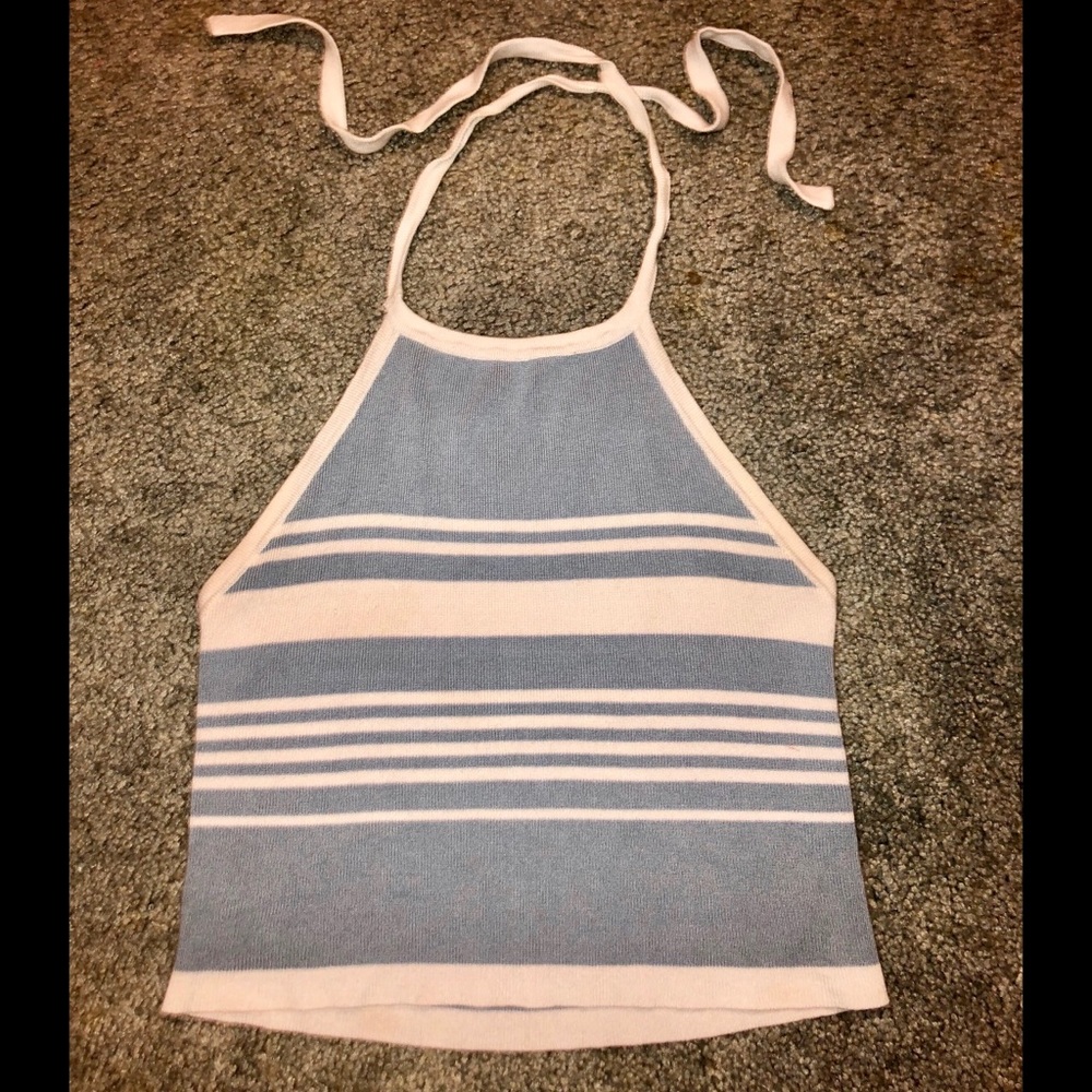 Woman’s blue and white halter top